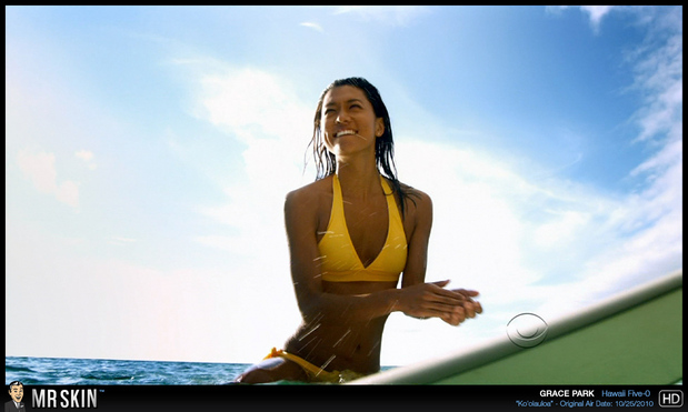 Grace Park yellow bikini; Celebrity 